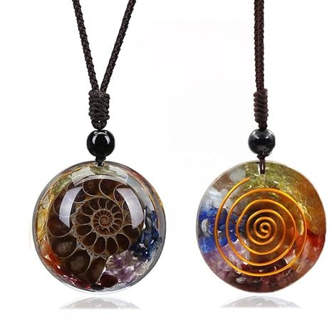7 Chakra Pierres Colliers en Cristal de Bijoux Spirituelle Ronde Spirale Ammonite Fossile Précieuse Naturelle Chakra Collier pour Protection EMF/Méditation avec Cordon Réglable
