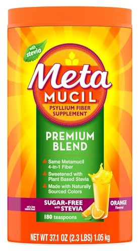 Metamucil Premium Blend, 4-in-1 Fiber Supplement for Digestive Health, Psyllium Husk Fiber Powder, Sugar-Free with Stevia, Plant-Based Fiber Supplement, Orange Flavored, 180 teaspoons
