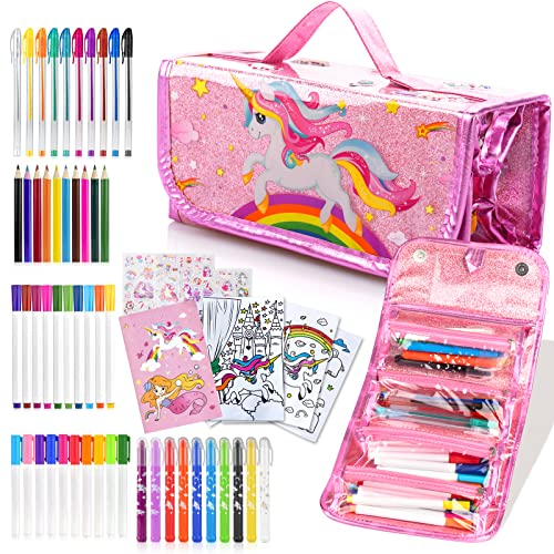 ARANEE Estuche Escolar de Unicornio, Regalo para Niños de 3-10 Años, 60pcs, Marcadores con Aroma A Frutas, Juguetes, Papeleria, Bolígrafos de Colores, Crayones Bonitos, Cuaderno, Pegatina