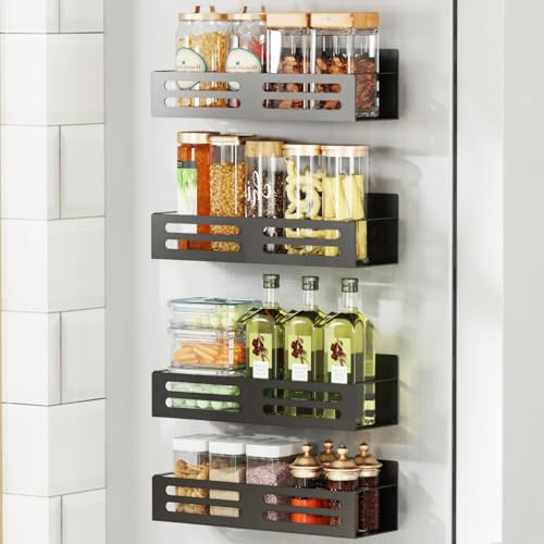 Roysili Magnetic Spice Rack for Refrigerator Magnetic Fridge Shelf for Kitchen Magnetic Shelves for Fridge 4 Pack Black