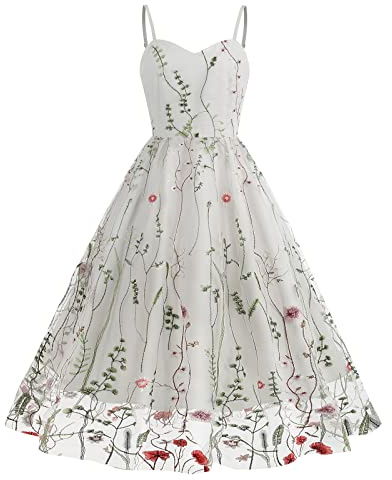 Women's Adjustable Spaghetti Straps V Neck Fared Cami Slip Dress Summer Floral Embroidery Dress for Women Mesh Tulle Flower Embroidered Dress Backless A Line Fit Flare Wedding Party Dress White-Cami M