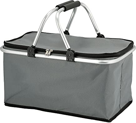 Novaliv Einkaufskorb faltbar mit Kühlfunktion 30 Liter GRAU Isolierkorb mit gepolsterten Tragegriffen und Reißverschluss am Deckel Tragekorb