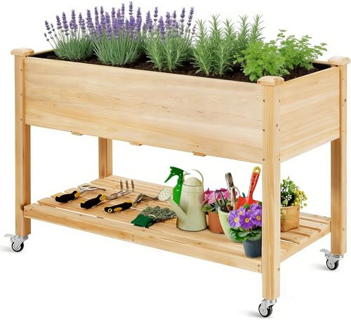 RELAX4LIFE Hochbeet mit Rollen, Gartenbeet aus Tannenholz, Pflanzkasten mit Ablage, Ablauflöchern & Abdeckfolie, Pflanzbeet Blumenkübel Kräuterbeet für Garten Balkon Terrasse, 120 x 59 x 84 cm, Natur
