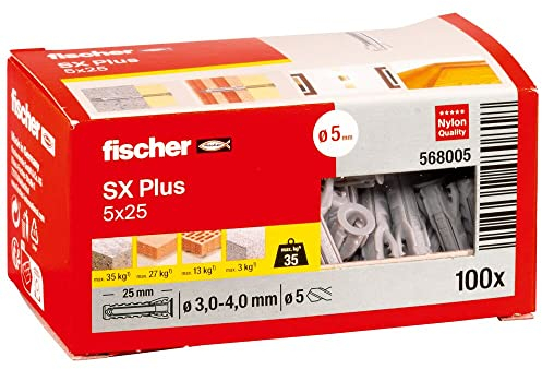 fischer 568005 Tassello da Parete, Grigio, 5 x 25