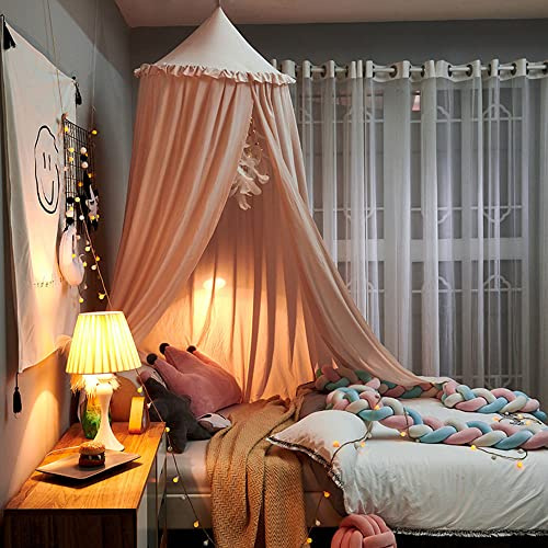 Surwin Dosel de Cama para Niños Niña Bebés Mosquitera Dosel Cama Individual Matrimonio, Redonda Toldo de Cuna de Castillo de Dormitorio Decoración de Dormitorio, Habitación (Rosa claro con volantes)