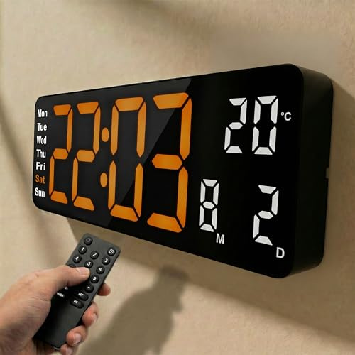 Opis Technology Clock 1 XL Digitale LED Wanduhr Retro 32 cm, Orange-Weiß | Große leuchtende Ziffern mit Temperatur, Doppelwecker und Fernbedienung. Für Wohnzimmer oder Büro.