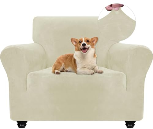 Ystyle Elastischer Samt Sofabezug 1 Sitzer, Beige | Stretch Sofa Überzug, Sofaschoner Rutschfest, Couch Überzug, Sofa Cover mit Armlehnen, Sesselschoner Sofaschutz Katze