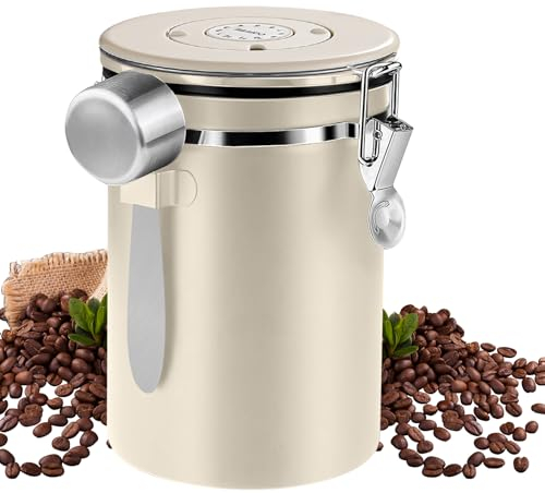 LEKEFET - Contenitore per caffè ermetico, in acciaio inossidabile, da 1,8 l, con cucchiaio, contenitore per caffè ermetico, con visualizzazione della data, colore: bianco