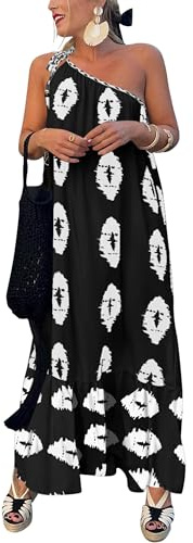 PRETTYGARDEN Women's Summer One Shoulder Maxi Dresses Printed Flowy Boho Beach Vacation Long Sundress (Black White Floral,Medium)