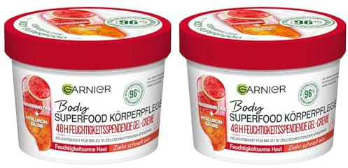 Garnier Erfrischende Körperpflege für trockene Haut, Body Butter mit Wassermelone und Hyaluronsäure, Für bis zu 48 Stunden Feuchtigkeit, Body Superfood, 1 x 380 ml (Packung mit 2)