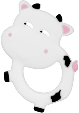 Silicone Baby Teether Ring for 3–12 Months, BPA-Free Soft Teething Toy, Easy-Grip Cow Infant Teether for Boys and Girls (White)