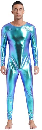 Yihuimin Herren Overall Langarm Ganzkörperanzug Metallic Body Einteiler Bodysuit Eng Jumpsuit Silber Faschingskostüm Blau 3XL