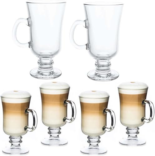 Proaustin Coffee Mugs Set of 6 Irish Coffee Glasses 8oz Glass Cup with Handle Clear Glass Irish Coffee Mugs Bulk for Coffee, Latte, Cappuccino, Smoothie, Hot and Cold Beverages