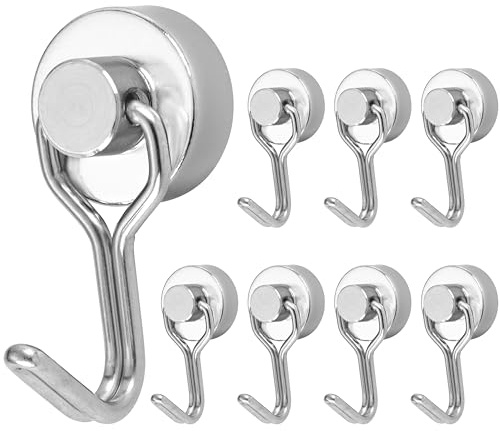 POPPSTAR Magnethaken extra stark drehbar 8 Stück (8 kg Haftkraft, Länge 3,3 cm, Durchmesser 1,6 cm) Neodym Magnethalter, silbern