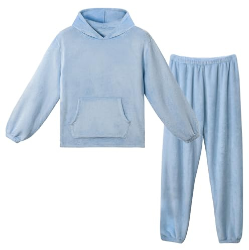 LACOFIA Women Fleece Pyjamas Sets Winter Hooded Loungewear Light Blue XS