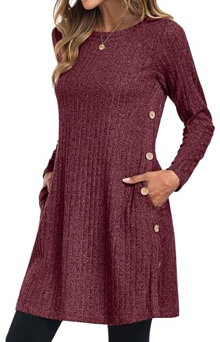 GRECERELLE Womens Winter Jumper Dresses for Women UK Ladies Dresses Tunic Knitted Long Sleeve with Pockets Side Buttons Dress