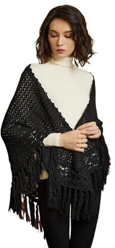 BEAUTELICATE Femme Châle Étole en Tricot Cape Couverture Crochet Tangulaire Foulard Écharpe À Glands Chaud pour Hiver Automne Printemps Cadeaux De Noël, Noir