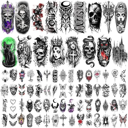77 Bögen temporäre Tattoos, Gothic-Style Spinnenschädel-Fake-Tattoos für Erwachsene und Jugendliche, wasserfeste, realistische, große temporäre Tattoo-Aufkleber für Männer und Frauen, Horror-Make-up