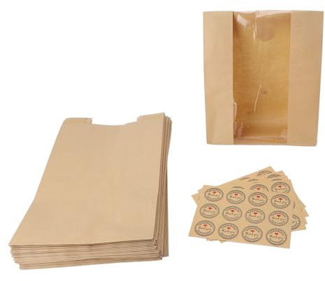 Natudeco 50PCS Bread Bag Kraft Paper Transparent Bread Bags Window with Thank You Stickers for Storage Bread Cookies Snacks (Yellow)