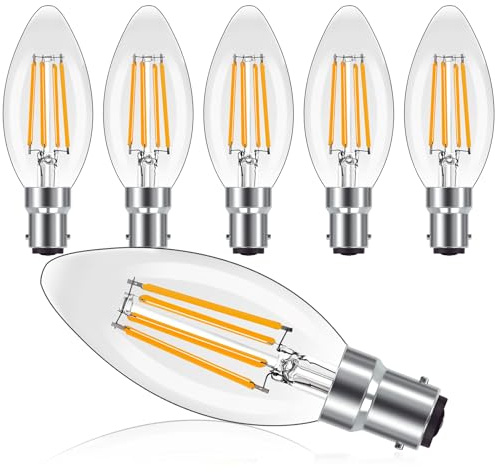 ProCrus B15 Small Bayonet Candle Bulbs Dimmable Warm White 2700K,350LM,4W Filament LED Equivalent B15 35W Incandescent,C35 Small Bayonet Candle SBC Light Bulb for Chandelier,6 Pack