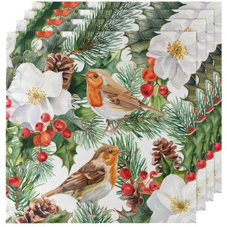 Juego de 4 servilletas de tela con flores blancas de acebo, 20 x 20 pulgadas, lavables, servilletas de mesa para fiestas familiares, bodas, cenas de vacaciones