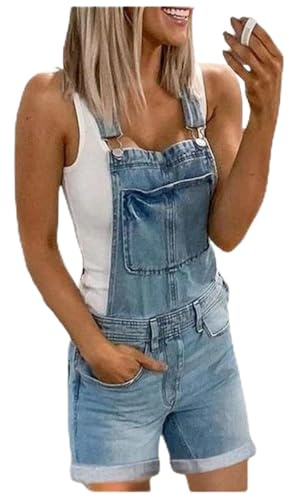 MASUCOR Women's Dungarees Short Jeans Bib Pants Casual Loose Overall Baggy Jumpsuit Women's Denim Straight Leg Cargo Pants Knee Length Summer Overall with Pockets Solid Color(Blue,M)