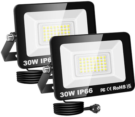 RIGIDON Projecteur Led Extérieur Avec Prise, 2x 30W 3000LM IP66 étanche Éclairage de Sécurité, Spot Led Lampe pour Patio Garage Terrasse Jardin Chantier Muraux Atelier, 6000K Blanc Froid Luminaires