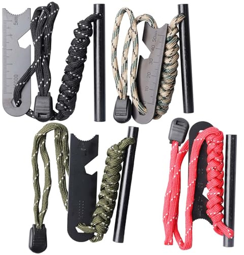 4 Stück Feuerstahl: Survival Feuerstein, Feuerstarter Set mit Paracord Zunder, Feuerstein mit Extrem Starker Funkenflug, Feuerstarter für Camping, Outdoor, Bushcraft, Survival