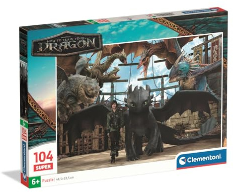 Clementoni 25080 Dragons – Super Puzzle 104 Teile, Glanzeffekt-Motiv aus „How to Train Your Dragon“, Kinderpuzzle ab 6 Jahren