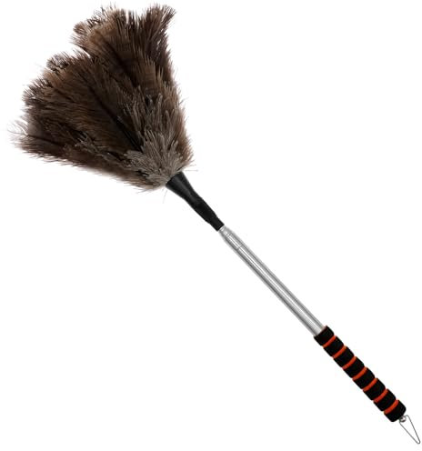 Plumero de Avestruz con Mango telescópico de Acero Inoxidable, 55 – 153 cm, Plumero con Plumas de Avestruz, Estable, Antideslizante, para Limpiar Esquinas muertas, Paredes, Ventiladores de Techo