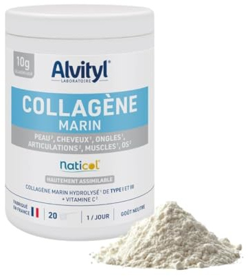 Alvityl Collagene Poudre Marin Type I & III + Vitamine C 10g/jour 210 g | Naticol® Hydrolysé hautement assimilable, peau, cheveux, ongles, articulations, muscles, os, 1 dose/jour, cuillère fournie