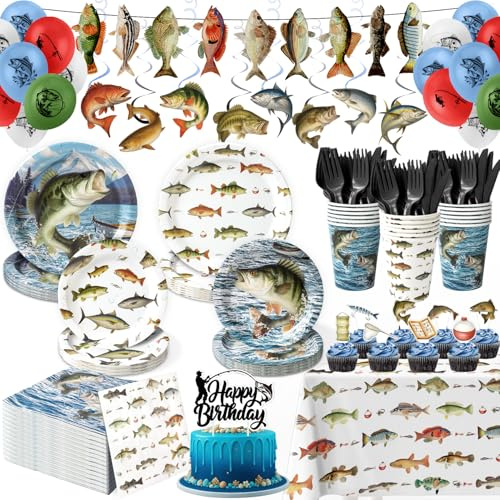 197 Pcs Fishing Birthday Party Decorations - Serve 24, Includes Banner, Swirls, Cake & Cupcake Topper, Plates, Cups, Napkins, Cutlery, Tablecloth & Balloons for Fishing Theme Party