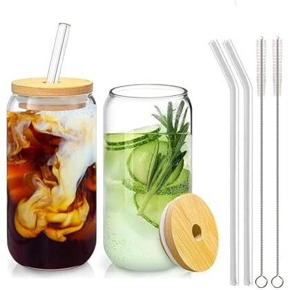 SFHKZCM 2 Pack 16oz Glass Tumblers with Bamboo Lids & Straws - Iced Coffee & Cocktail Glasses for Beer, Bubble Tea, Iced Drinks,Dishwasher Safe Drinkware for Home & Cafes