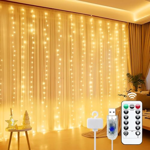 Piucrty Lichtervorhang 3x3m Innen Fenster Weihnachten Lichterkette Vorhang Wasserfall Lichterkettenvorhang Warmweiß Fairy Twinkle Curtain Lights Weihnachtsdeko Lichtvorhang Timer Weihnachtsvorhang