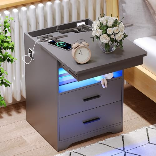 FREDEES Bedside Table with Hidden Drawer for Bedroom, Grey | Charging Station, 3-Color LED Lights, Smart Human Sensor Design, Ample Storage Space, Open Compartments