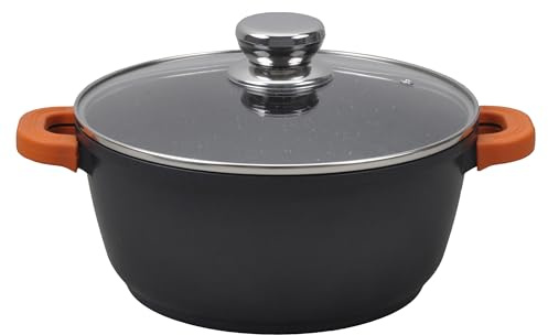 Kimbatex Kitchen Cacerola Alta con Tapa (20, 24, 28 y 32 cm) – 4 Piezas con Tapa de Cristal y Asas de Silicona – Apta para Inducción, Gas, Eléctrica y Horno (32cm)