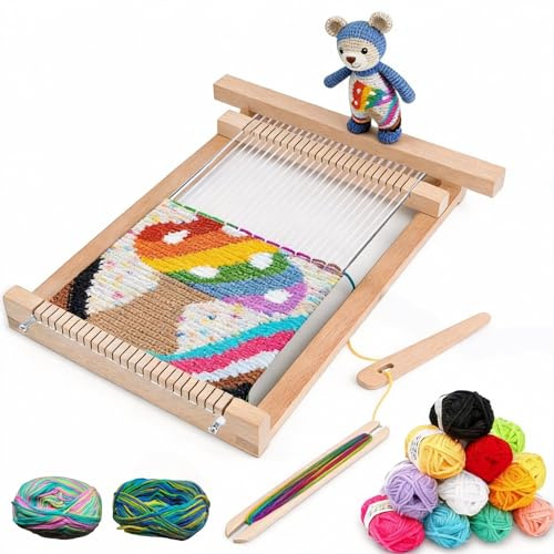 Webrahmen Aus Holz 29x19cm, DIY Holz Webrahmen Kinder Set, Weben Schulwebrahmen Webstuhl Handarbeits, Webbrett holzwebrahmen, Weaving Loom Kit mit Nadel,Kamm,Farbige Wolle für Anfänger, Keine Splitter