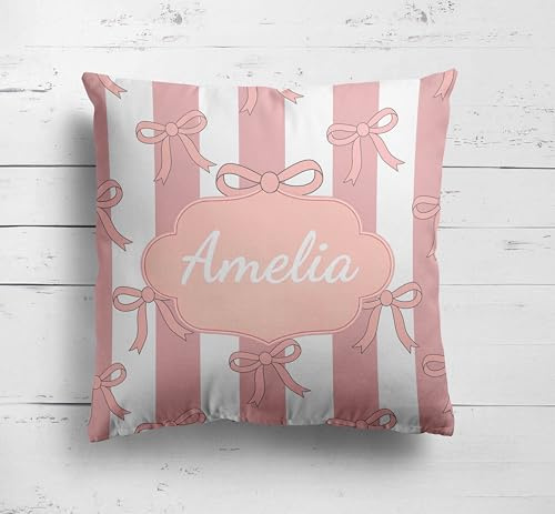 Personalised Pink Bow Cushion Custom Name Pillow Girls Bedroom Decor Baby Gift Cute Nursery Cushion Cover with Optional Filling Luxury Personalised Throw Pillow Keepsake