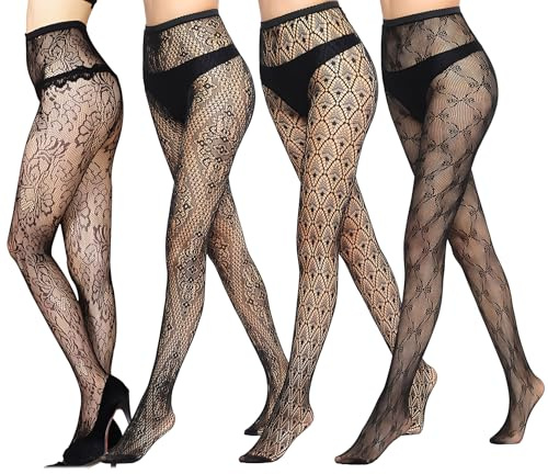 Rbleote 4 Paia Calze In Pizzo Donna,Pantaloni Trasparenti A Vita Alta Collant Pizzo Nero,Pantaloni Elasticizzati Neri Collant Fantasia,Adatti Per L'uso Quotidiano,Feste