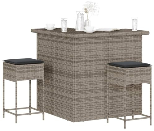 QJBSAVVA 3-TLG. Gartenbar-Set Grau 100x50x105 cm aus wetterfestem PE-Rattan mit 2 Barhockern & gepolsterten Kissen Modernes Balkonmöbel-Set für kleine Balkone, Terrasse, Garten und Camping