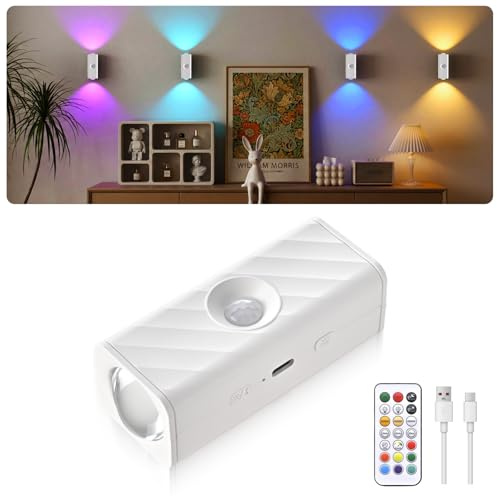 MERTTURM Rechargeable LED Vitrine, Veilleuse à Détecteur de Mouvement, Sans Fil LED Spotlights avec Télécommande avec 10 RGBW Dimmable & Minuteur, pour Lampe D'escalier/Couloir/Décorative - 1PCS