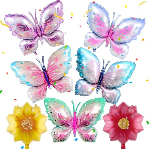 Set di 7 Farfalle Decorative Compleanni 5 Palloncini Farfalla 3D e 2 Palloncini Fiori Palloncino Alluminio Laminato per Matrimoni Feste Occasioni Speciali e Decorazioni per la Casa Regali