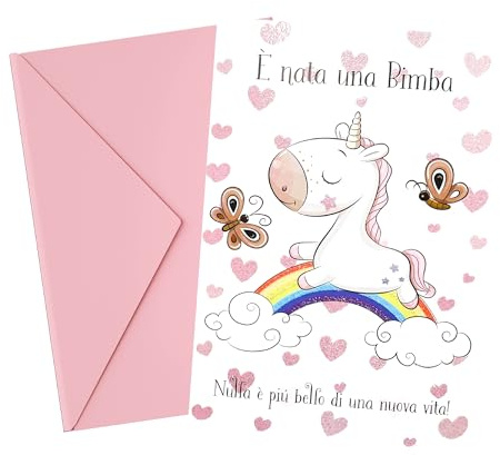 ICE TOYS biglietto nascita formato 17 x 12 cm Made in Italy con rilievo (Unicorno Rosa)