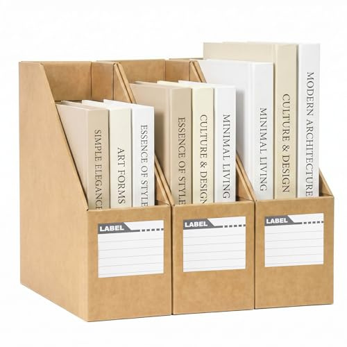 SAYEEC Magazine File Holder Foldable Cardboard Desk Organizer with Blank Label Stickers Sturdy Paperboard Book Bins Vertical Paper Organizer Magazine Storage Box Document Rack for Home Office (3 Pack)