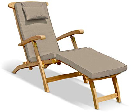 Jati Teak Steamer Chair with Cushion (Taupe) - Foldable | Reclining Backrest | Removable Footrest | Delivered Ready-Assembled