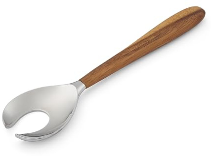nambe Curvo Serving Fork | 13 Inch Serving Fork for Buffets, Salads, and Dinner Parties | Made of Stainless Steel and Acacia Wood | Designed by Steve Cozzolino