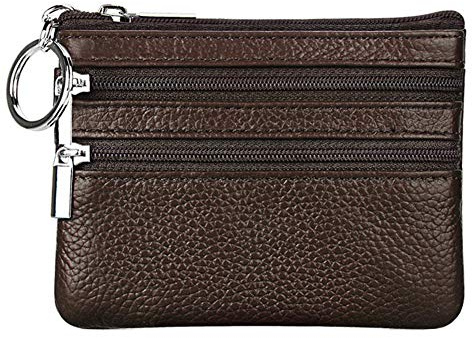 Women's Genuine Leather Coin Purse Mini Pouch Change Wallet with Keychain,coffee