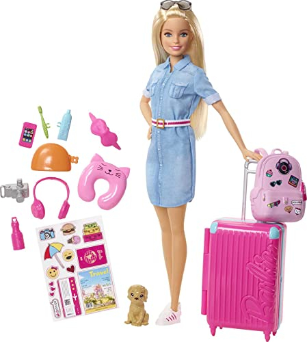 Barbie FWV25 - Reise Puppe mit blonden Haaren inkl. Reisezubehör und Hündchen, Puppen Spielzeug und Puppenzubehör ab 3 Jahren