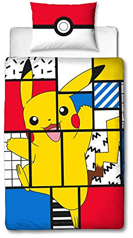 Character World Pikachu Housse de Couette Simple | Produit sous Licence Officielle Pokémon réversible Super Memphis avec taie d'oreiller Assortie, Polycoton Coton 50% Polyester, Jaune