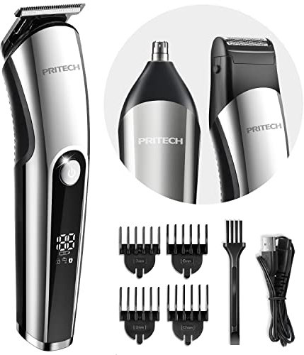 PRITECH Tondeuses à Cheveux pour Hommes, Tondeuse à Nez, Micro Rasoirs 3 en 1 Kit de Soins pour Hommes sans Fil et Rechargeable, Tondeuse à Cheveux Électrique avec Écran LED et Tête de Coupe T, IPX6